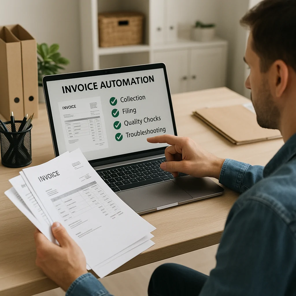 אוטומציה חשבוניות בעסק קטן: צ׳ק ליסט הטמעה מהיר (איסוף, תיוק, בקרות איכות ופתרון תקלות)